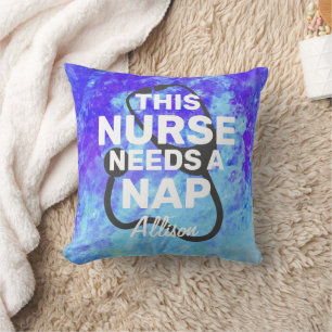 Coussin Funny Nurse Nap Stethoscope bleu Aquarelle Nom