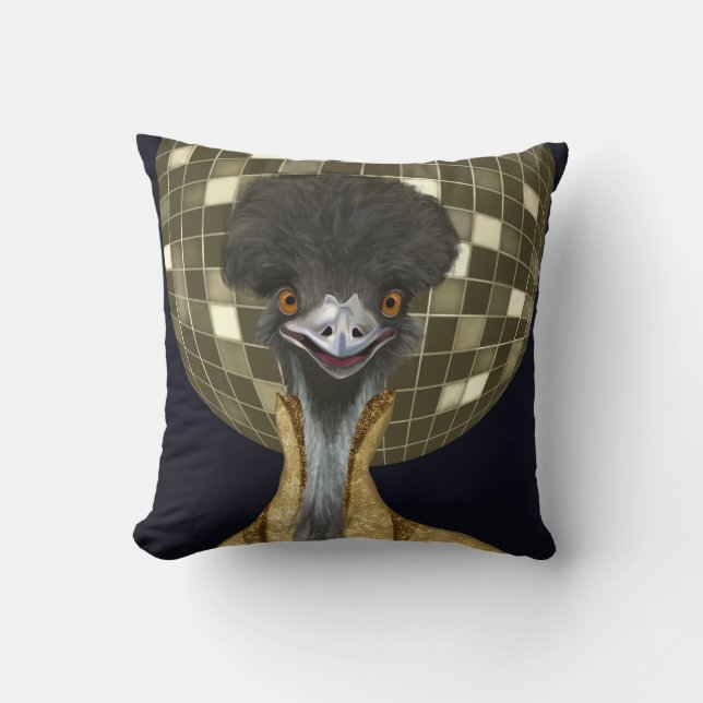 Coussin Funny Retro Golden Disco Ball Emu Bird (Recto)