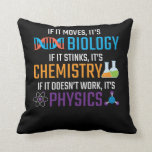 Coussin Funny Science Biologie Chimie Physique Enseignant<br><div class="desc">Si elle bouge,  c'est la biologie,  si elle pue,  c'est la chimie,  si elle ne marche pas,  c'est la physique. Dons de science amusant pour un enseignant scientifique. Idéal pour l'école,  la classe et le bureau.</div>