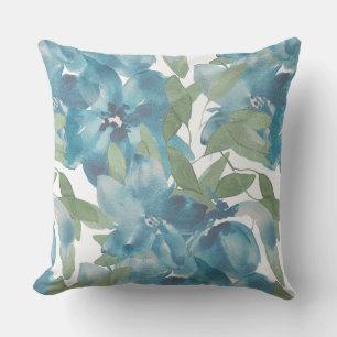 Coussin Fusion Florale Bleue Aquarelle Peinte à la Main