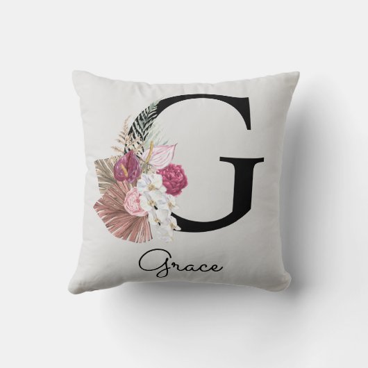 Coussin G initiale monogrammée floral boho rose (Verso)