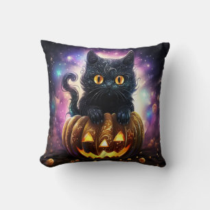 Coussin Galaxie Citrouille Chat Noir