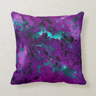 Coussin Galaxie de marbre violet et sarcelle à l'aquarelle