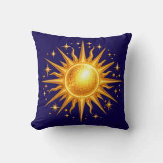 Coussin Galaxie Soleil et Étoiles Faux Or Bleu Marine