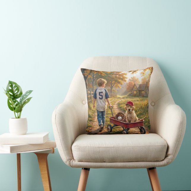 Coussin Garçon avec wagon rouge et chiot retriever doré (Chaise)