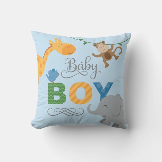 Coussin Garçon Bébé Bleu Animaux de la Jungle Nursery (Recto)