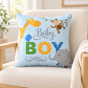 Coussin Garçon Bébé Bleu Animaux de la Jungle Nursery