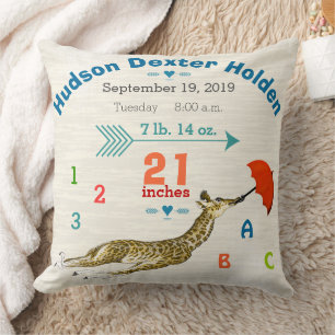 Coussin Garçon Nursery Baby Birth Stats Giraffe Arrow Moti