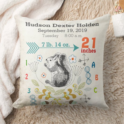 Coussin Garçon Nursery Bébé Naissance Stat Squirrel Flèche (Couverture)