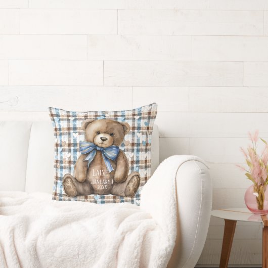 Coussin Garçon ours en peluche sur carreaux bleus marron (Canapé)