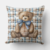 Coussin Garçon ours en peluche sur carreaux bleus marron (Recto)