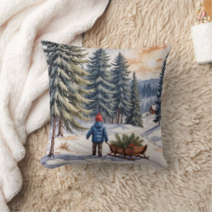 Coussin Garçon tirant un traîneau avec des branches de sap