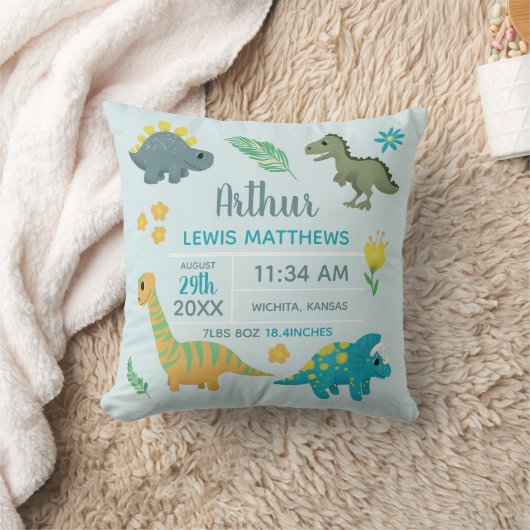 Coussin Garçons Bleu Cute Dinosaur Naissance Statistiques (Couverture)