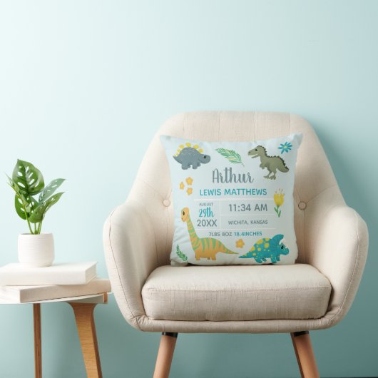 Coussin Garçons Bleu Cute Dinosaur Naissance Statistiques (Chaise)