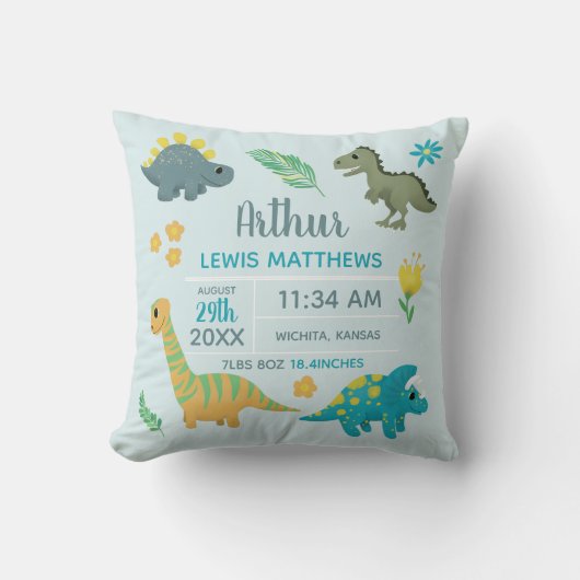 Coussin Garçons Bleu Cute Dinosaur Naissance Statistiques (Recto)