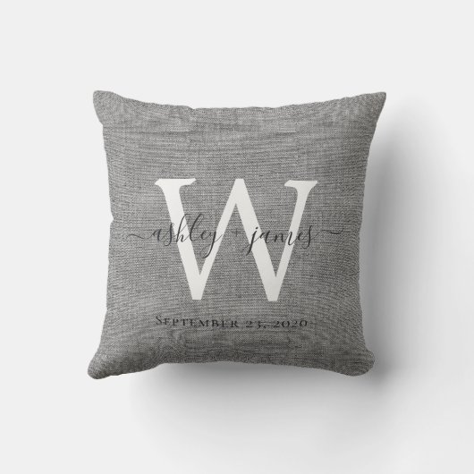 Coussin Garde de mariage en lin gris et monogramme blanc (Verso)