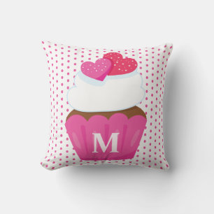 Coussin Gâteau Monogram Love Hearts Cupcake à pois pour la