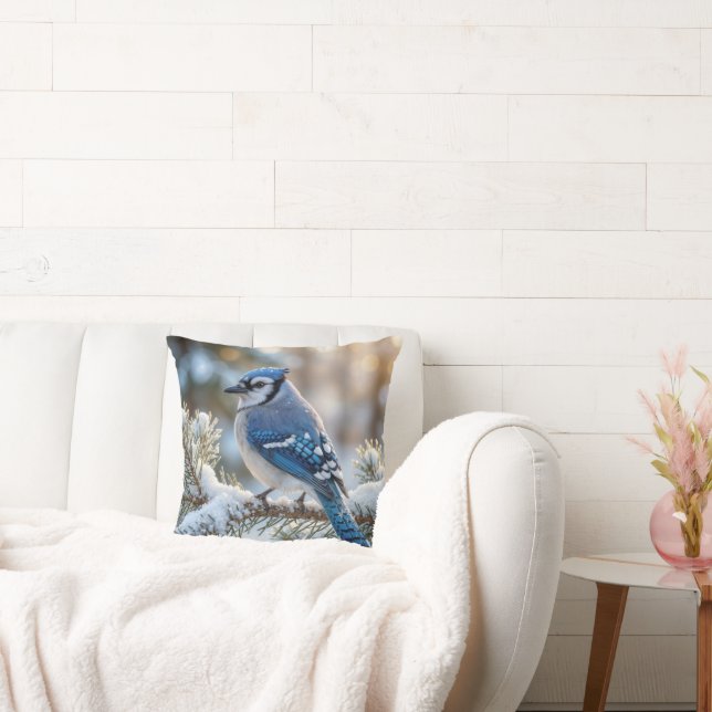 Coussin Geai bleu perché sur un pin enneigé (Canapé)