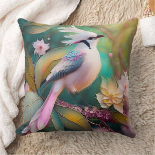 Coussin Geai fantaisie à queue rose et crête blanche