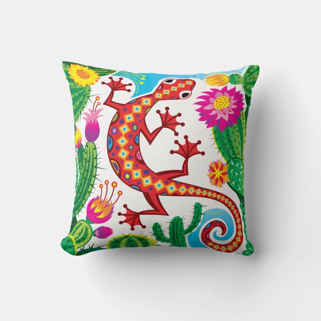 Coussin Gecko du Sud-Ouest avec Fleurs de Cactus (Recto)