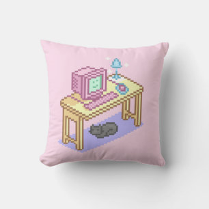 Coussin Geeky Pastel rose Jaune Pixel Art Ordinateur