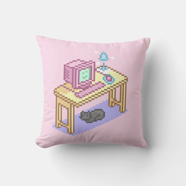 Coussin Geeky Pastel rose Jaune Pixel Art Ordinateur (Recto)