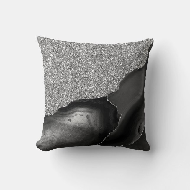 Coussin Géode d'agate Luxe Pailleté Argent Noir (Recto)