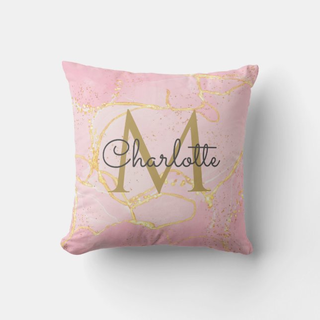 Coussin Géode d'agate rose Monogramme doré Écriture élégan (Recto)