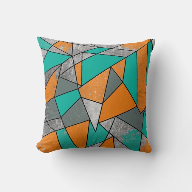 Coussin Géométrique argenté gris turquoise orange rustique (Recto)