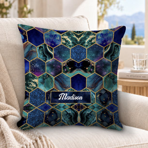 Coussin Géométrique bleu turquoise pailleté faux chic fémi