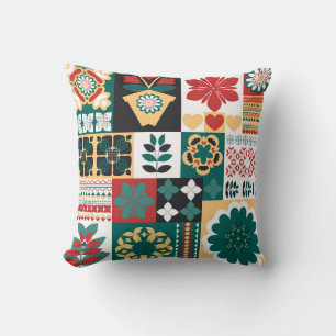 Coussin Géométrique mexicaine : Ornement vert rouge.