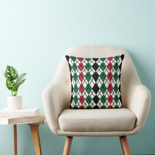 Coussin Géométrique Noir Vert Rouge Argyle Géométrique