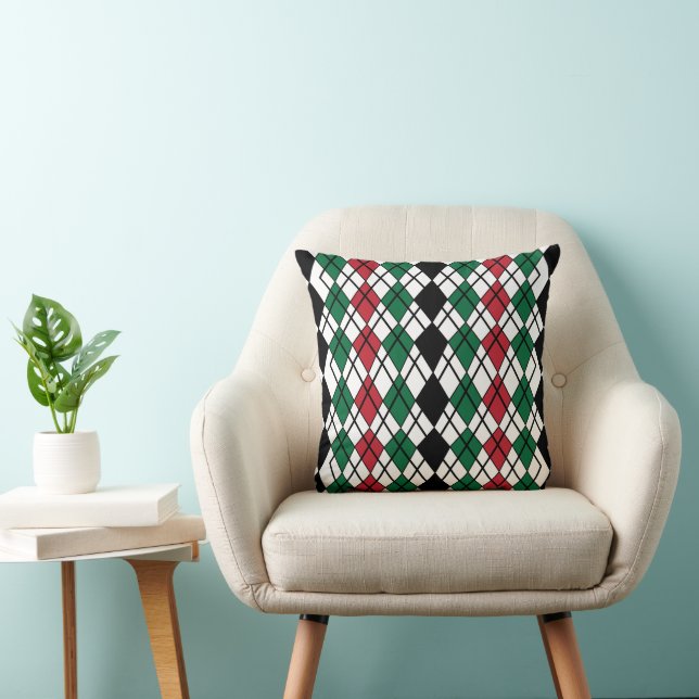 Coussin Géométrique Noir Vert Rouge Argyle Géométrique   (Chaise)