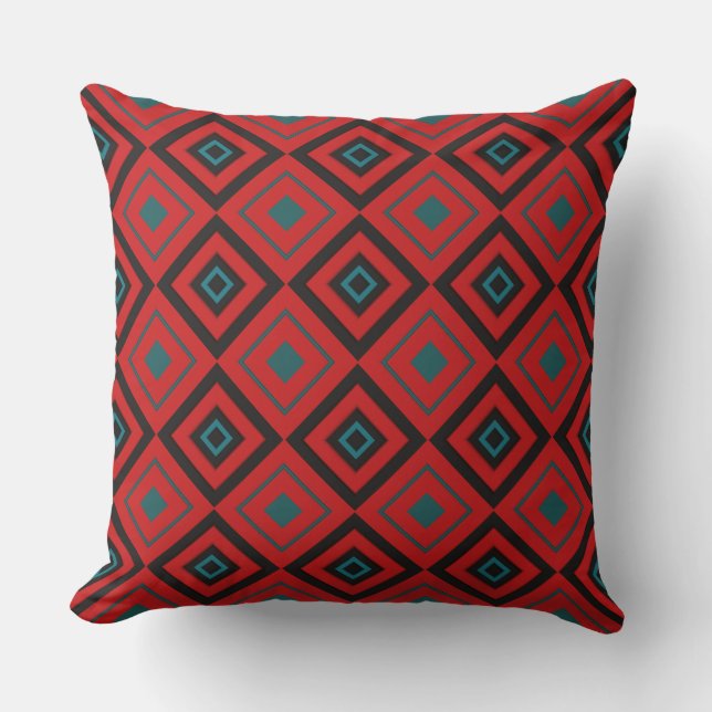 Coussin géométrique rouge, noir et turquoise (Recto)
