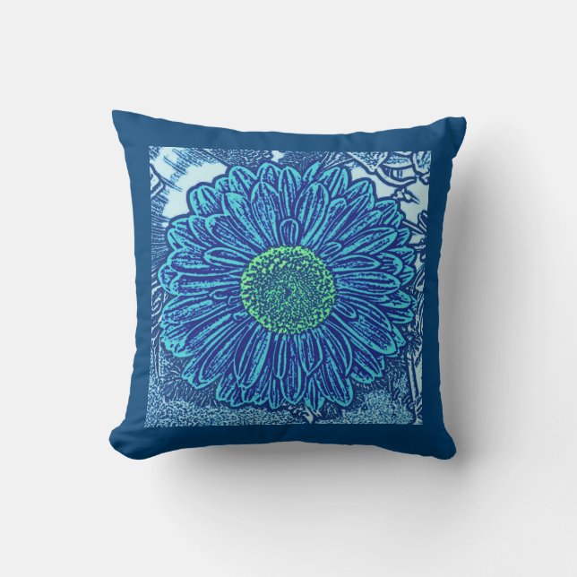 Coussin Gerbera Daisy Block Print, Cerulean & Indigo Blue (Recto)