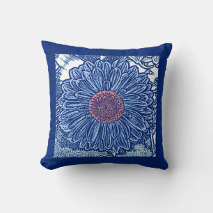 Coussin Gerbera Daisy Block Print, Cobalt et Sky Blue