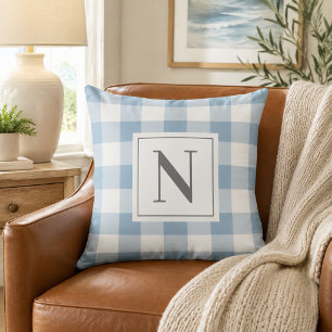 Coussin Gingham à carreaux bleu poussiéreux Monogramme Ini