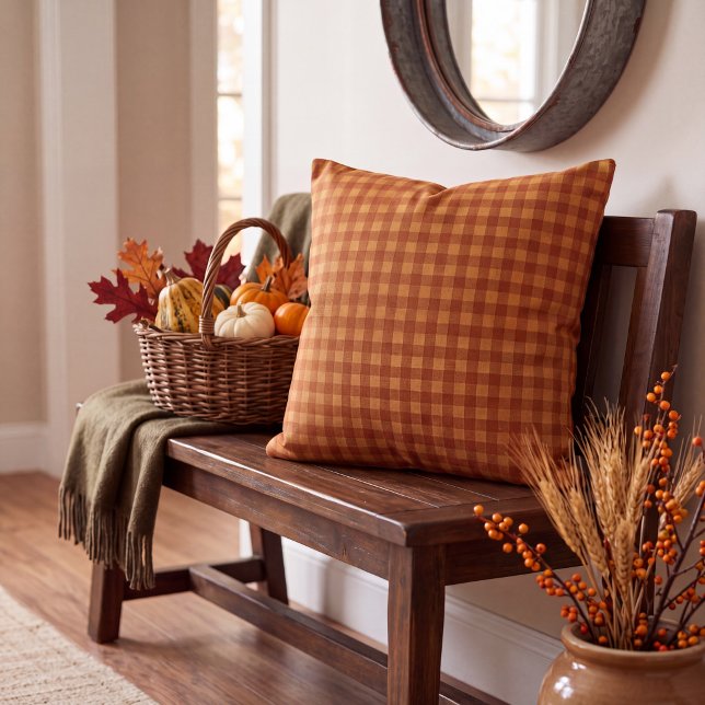 Coussin Gingham à carreaux classique citrouille automne (Créateur téléchargé)