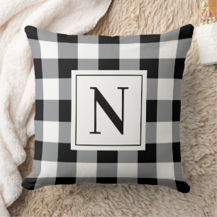 Coussin Gingham à carreaux noir gras Monogramme Initiale