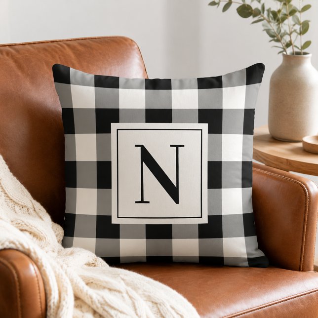 Coussin Gingham à carreaux noir gras Monogramme Initiale (Créateur téléchargé)