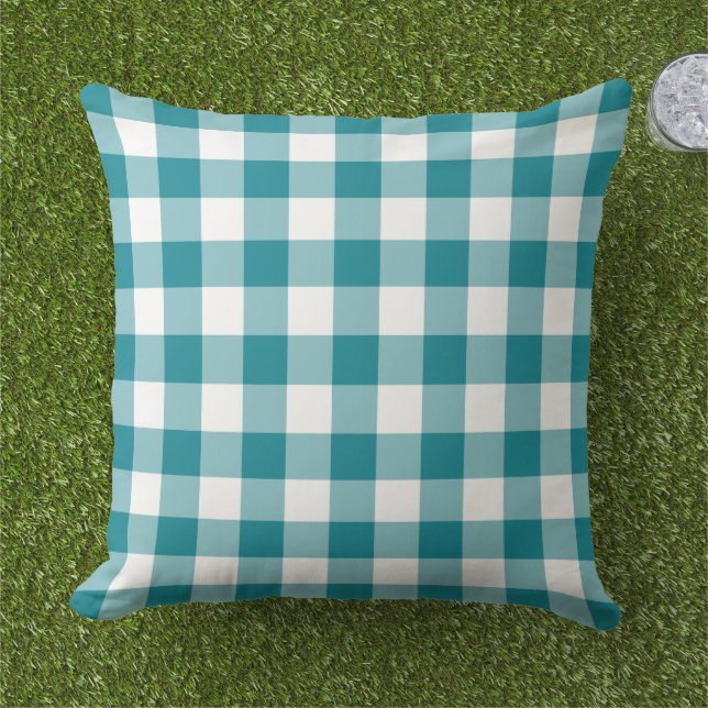 Coussin Gingham à carreaux sarcelle et blanc classique (Herbe)