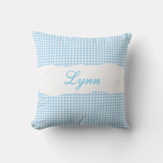 Coussin Gingham Bleu Rustique Nom Personnalisé (Recto)