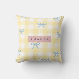 Coussin Gingham Jaune Personnalisé & Nœud Bleu Pastel