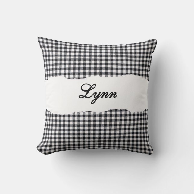Coussin Gingham Noir Rustique Nom Personnalisé (Recto)
