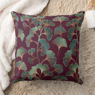 Coussin Ginkgo sarcelle raffiné aux accents dorés