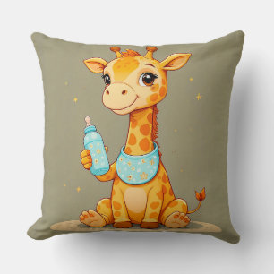 Coussin Girafe de dessin animé mignonne tenant un biberon