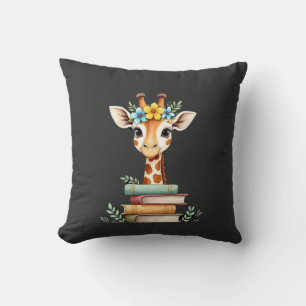 Coussin Girafe Mignonne Avec Livre Floral Bibliophile Bibl