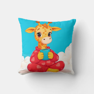 Coussin Girafe mignonne en pyjama rouge tenant une tasse
