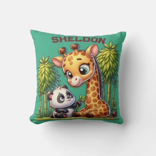 Coussin Giraffe et Panda Nom monogrammé | (Recto)