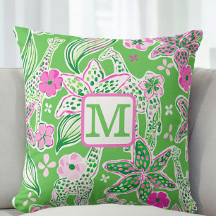 Coussin Giraffes de Preppy Lily rose Monogramme vert